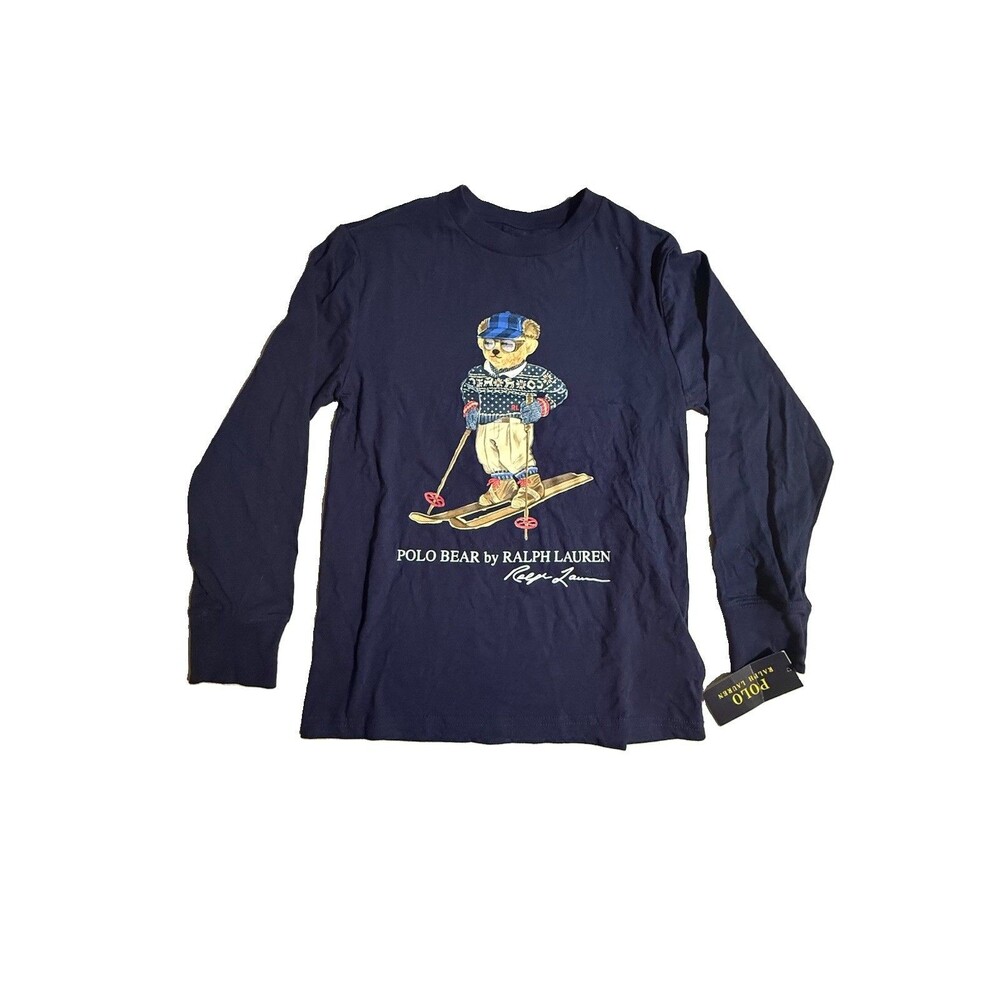 Kids Size 8 Polo Ralph Lauren navy Polo Bear Skiing long sleeve tee Nwt